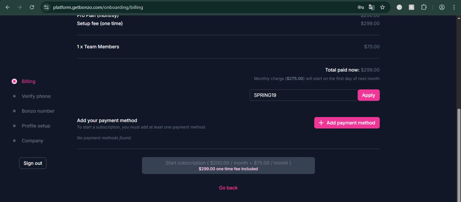 Bonzo coupon code screenshot showing code SPRING19 applied at Bonzo checkout page. Uploaded by SimplyCodes community member Elcogeculo on Apr 24, 2025