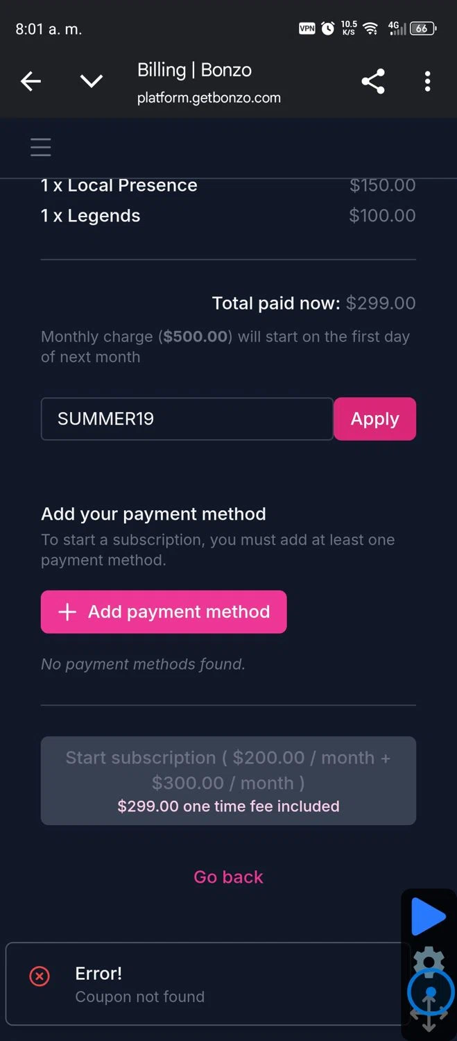 Bonzo coupon code screenshot showing code SUMMER19 applied at Bonzo checkout page. Uploaded by SimplyCodes community member GumballWatterson on May 30, 2025