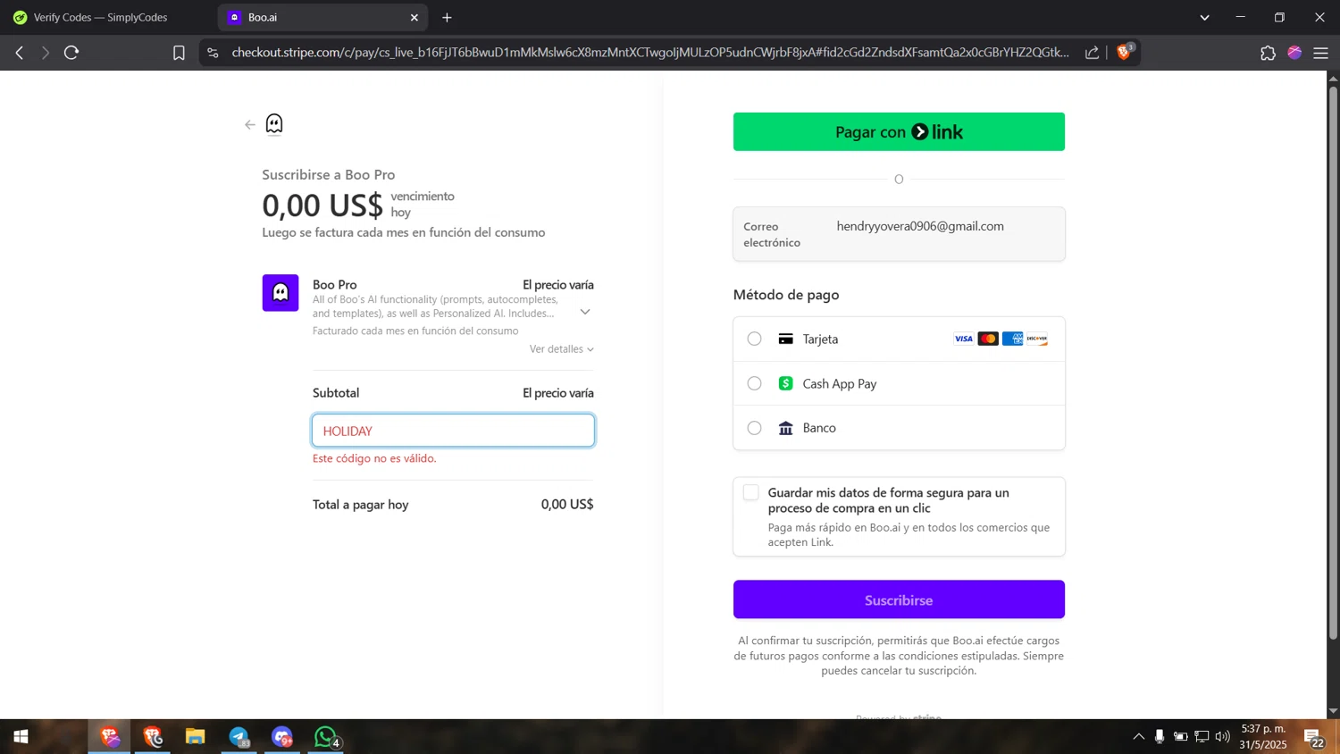 Boo promo code screenshot showing code HOLIDAY applied at Boo checkout page. Uploaded by SimplyCodes community member Henyo36 on May 31, 2025