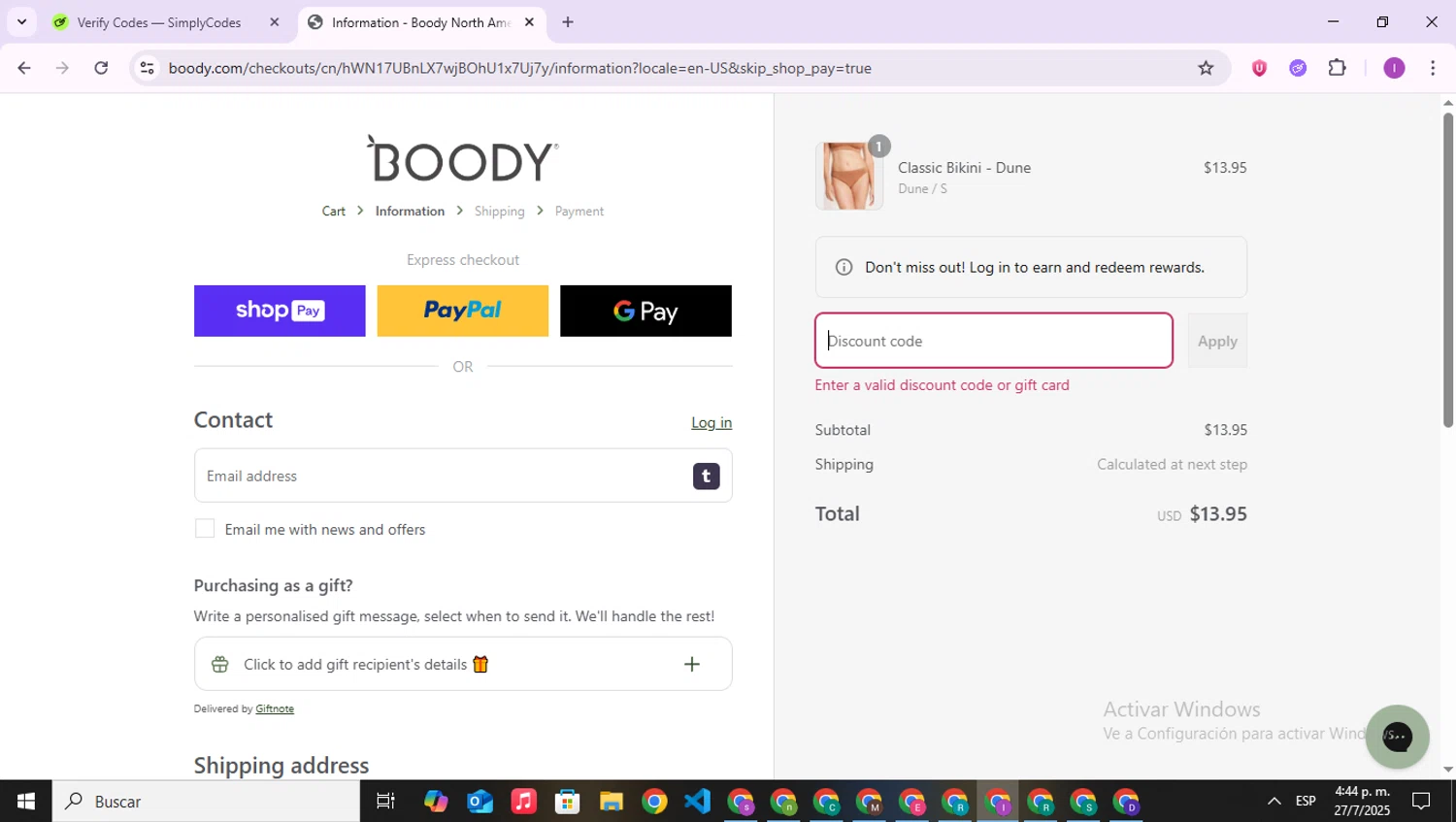 Boody discount code screenshot showing code BOODYAFF10 applied at Boody checkout page. Uploaded by SimplyCodes community member RebateAce6764 on Jul 27, 2025