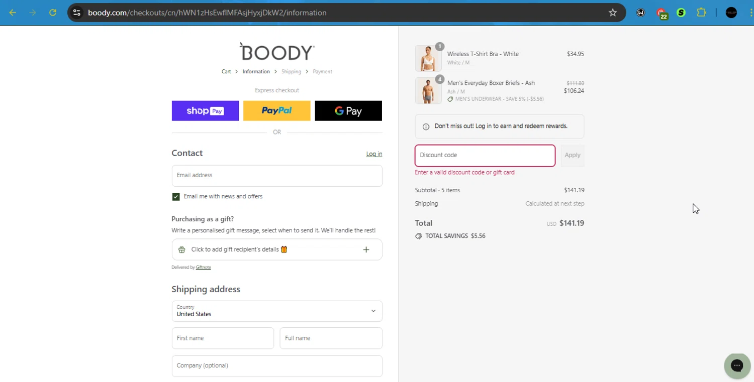 Boody discount code screenshot showing code DOGDAYS20 applied at Boody checkout page. Uploaded by SimplyCodes community member PrincessCoupon on Aug 19, 2025