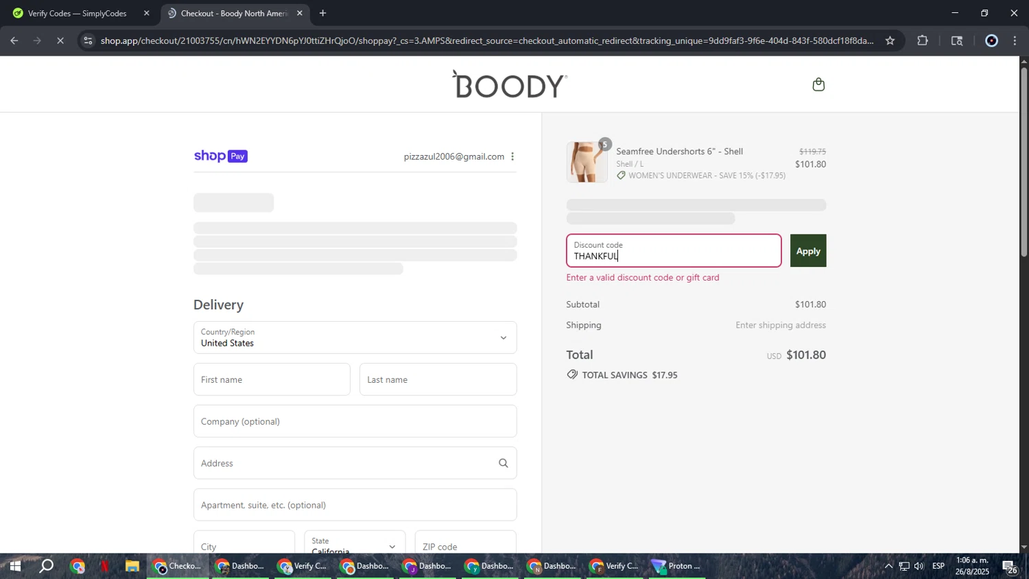 Boody discount code screenshot showing code THANKFUL applied at Boody checkout page. Uploaded by SimplyCodes community member RoyalBoss4384 on Aug 26, 2025