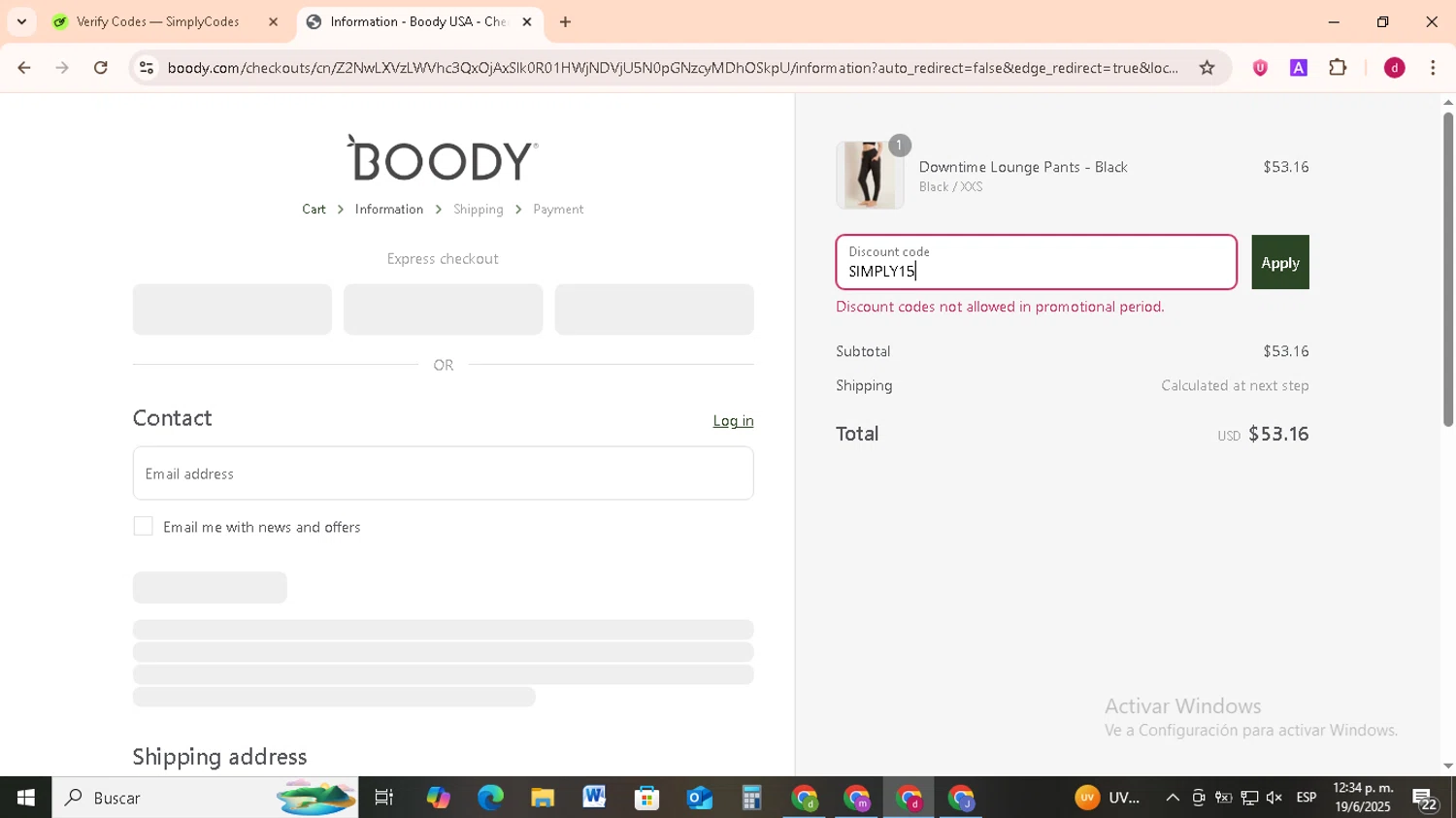 Boody discount code screenshot showing code SIMPLY15 applied at Boody checkout page. Uploaded by SimplyCodes community member FrugalMonarch7277 on Jun 19, 2025
