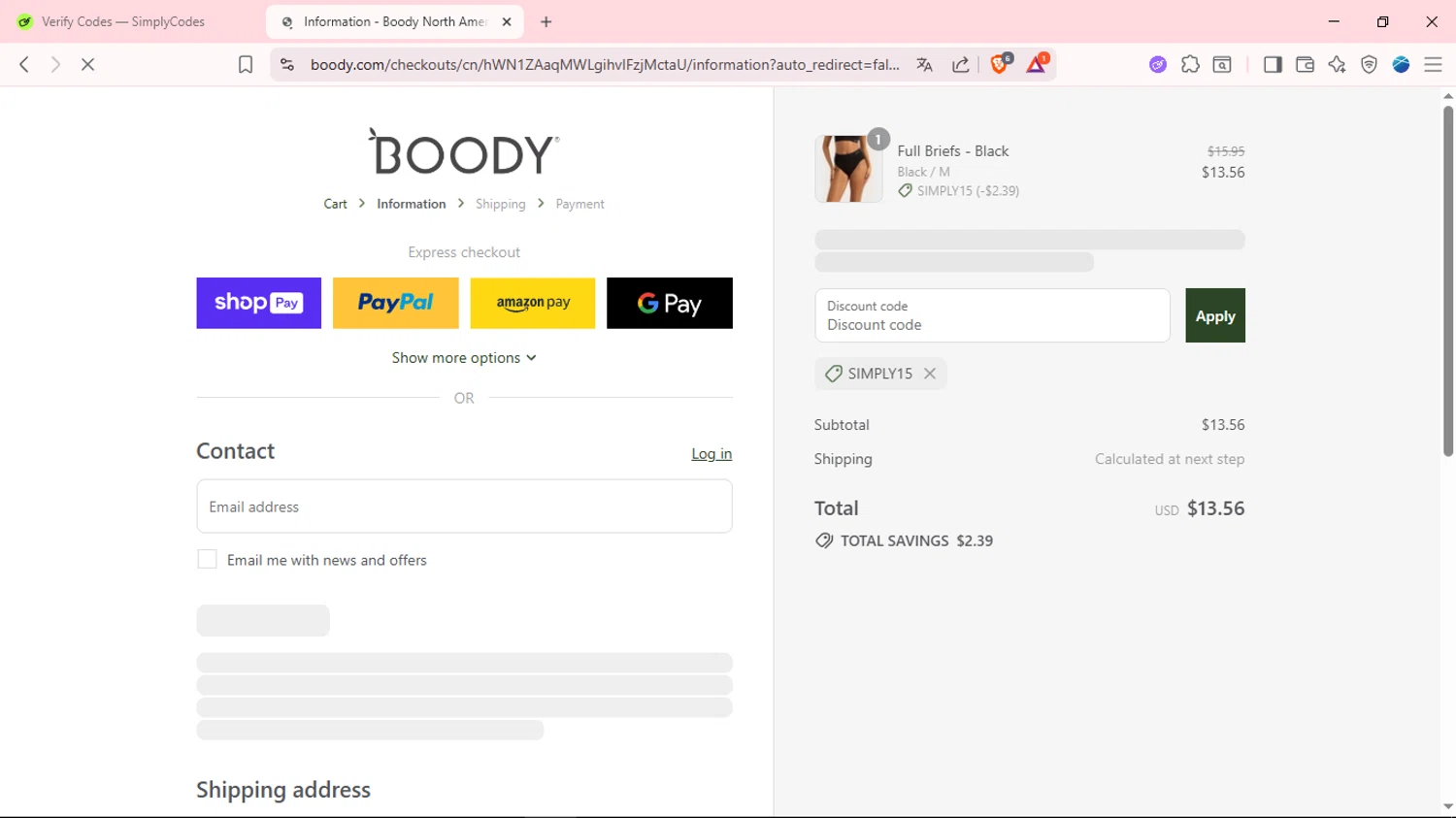 Boody discount code screenshot showing code SIMPLY15 applied at Boody checkout page. Uploaded by SimplyCodes community member fabianmartinez on Aug 8, 2025