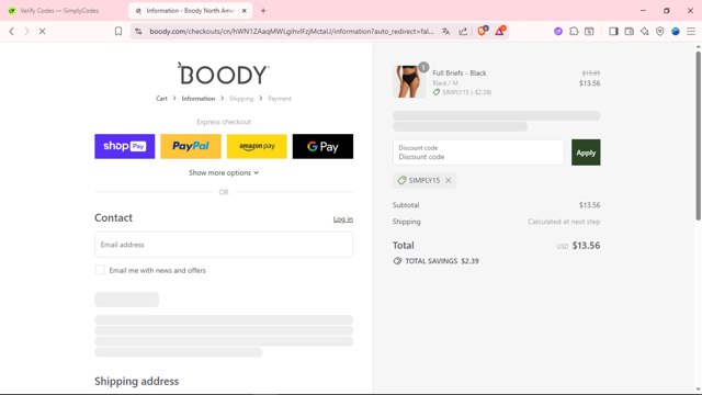 Boody checkout page showing Boody discount code box | Screenshot taken by SimplyCodes community member on Aug 8, 2025