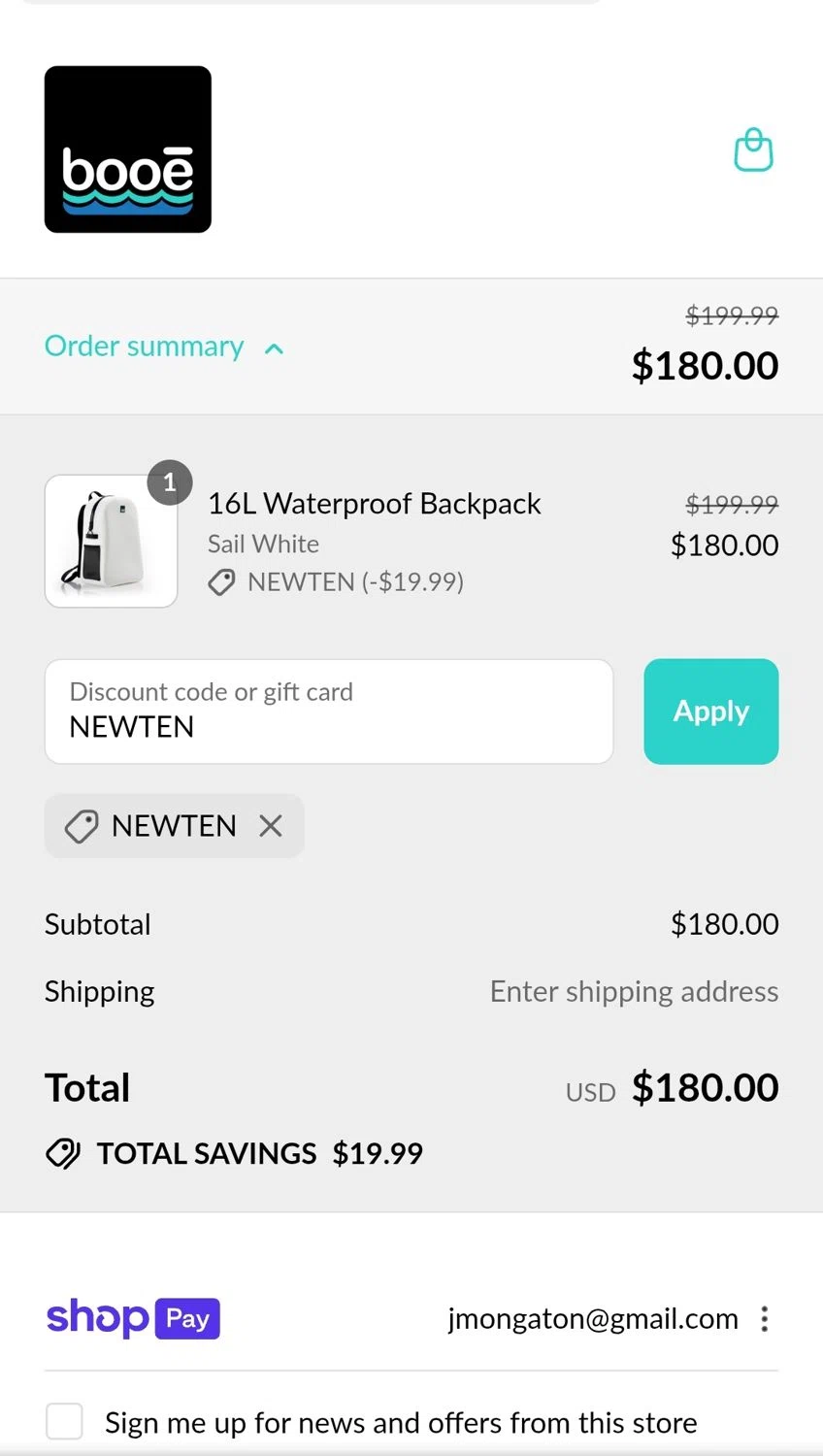 Booe discount code screenshot showing code NEWTEN applied at Booe checkout page. Uploaded by SimplyCodes community member JuanMonge on Aug 9, 2025