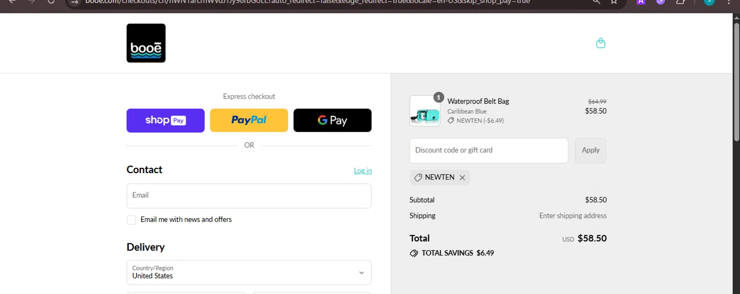 Booe discount code screenshot showing code NEWTEN applied at Booe checkout page. Uploaded by SimplyCodes community member ValiantChaser7723 on Aug 9, 2025