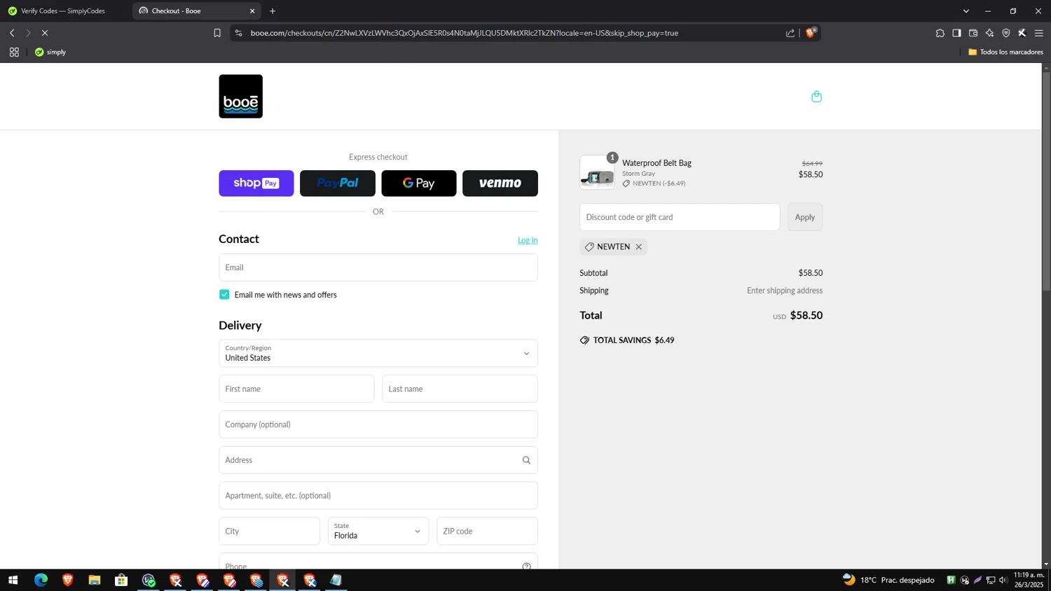 Booe discount code screenshot showing code NEWTEN applied at Booe checkout page. Uploaded by SimplyCodes community member TreasureEagle7585 on Mar 26, 2025