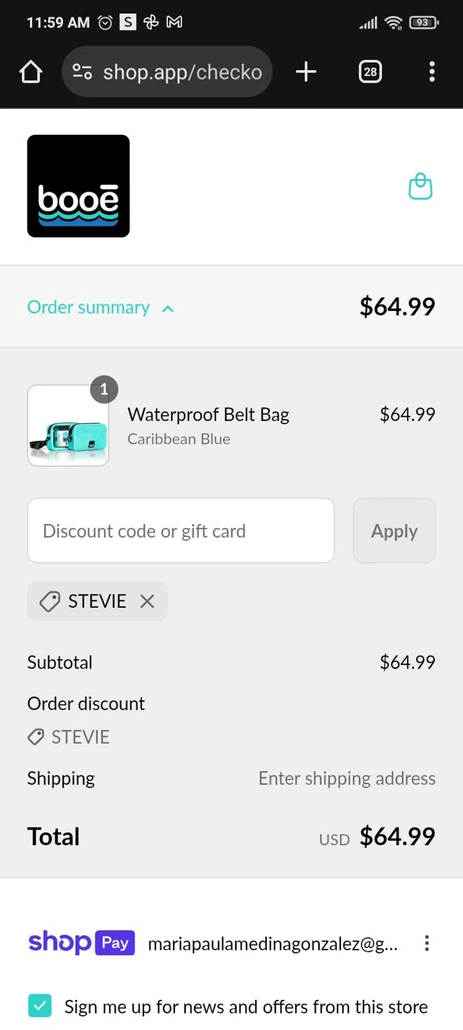 Booe discount code screenshot showing code Stevie applied at Booe checkout page. Uploaded by SimplyCodes community member PromoMaven605 on Jul 23, 2025