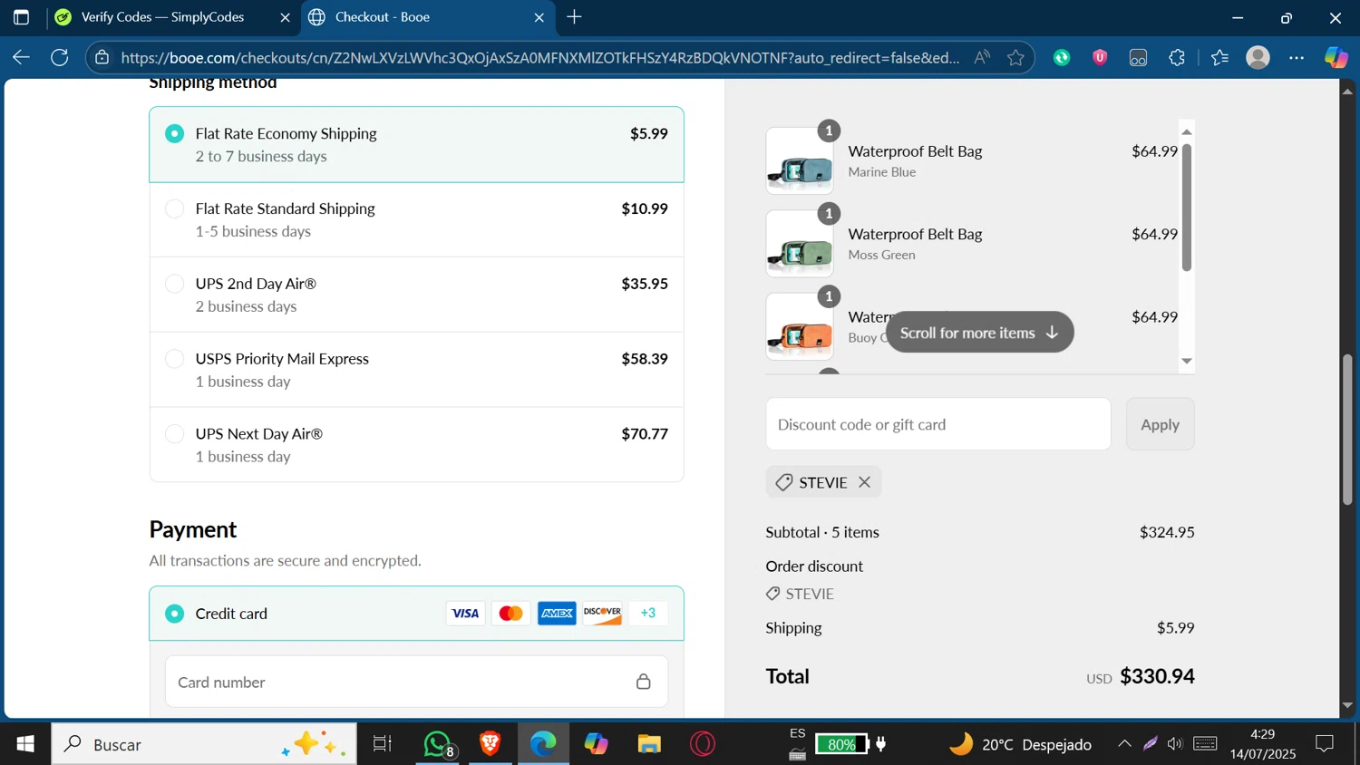 Booe discount code screenshot showing code Stevie applied at Booe checkout page. Uploaded by SimplyCodes community member Jeffersontorrealba on Jul 14, 2025