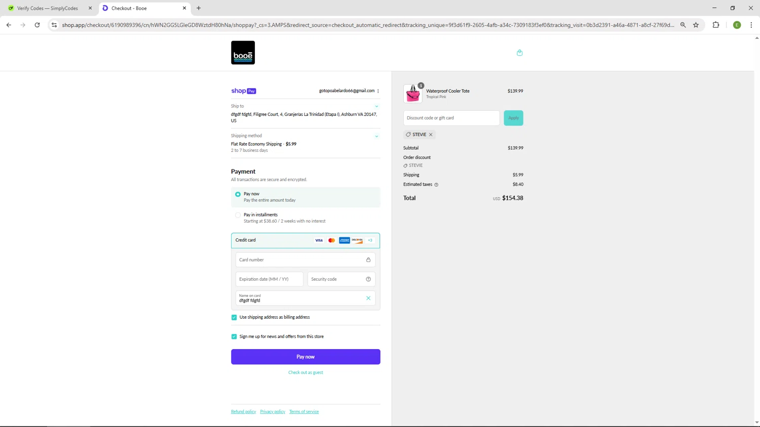 Booe discount code screenshot showing code Stevie applied at Booe checkout page. Uploaded by SimplyCodes community member SUZUKIV on Aug 26, 2025