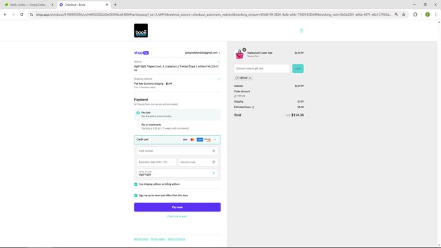 Booe checkout page showing Booe discount code box | Screenshot taken by SimplyCodes community member on Aug 26, 2025