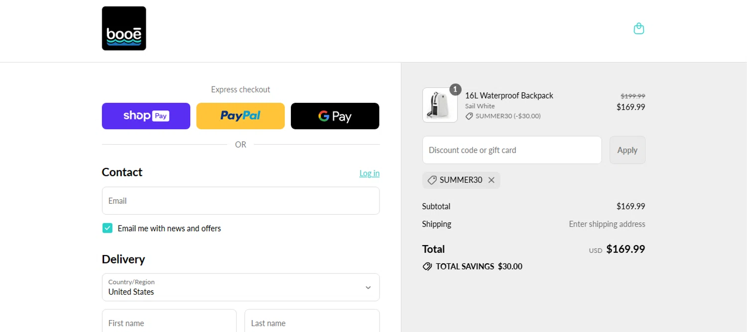 Booe discount code screenshot showing code summer30 applied at Booe checkout page. Uploaded by SimplyCodes community member shark12 on Aug 8, 2025