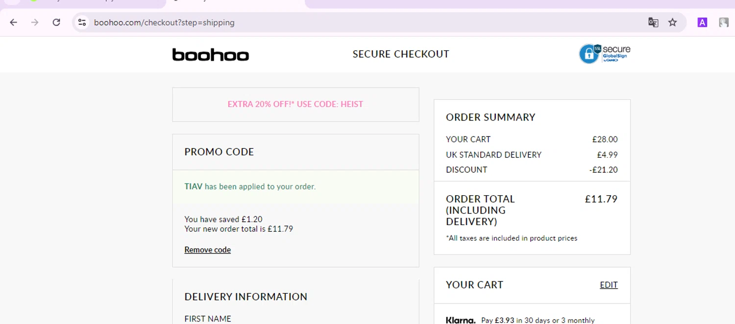 where to use Boohoo Canada promo code box
