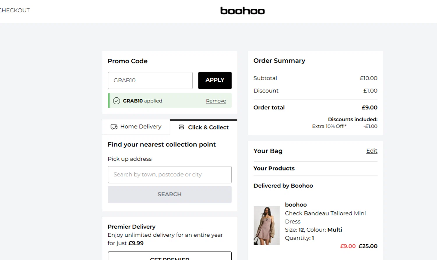 Boohoo promo code screenshot showing code GRAB10 applied at Boohoo checkout page. Uploaded by SimplyCodes community member Woskal on Aug 11, 2025