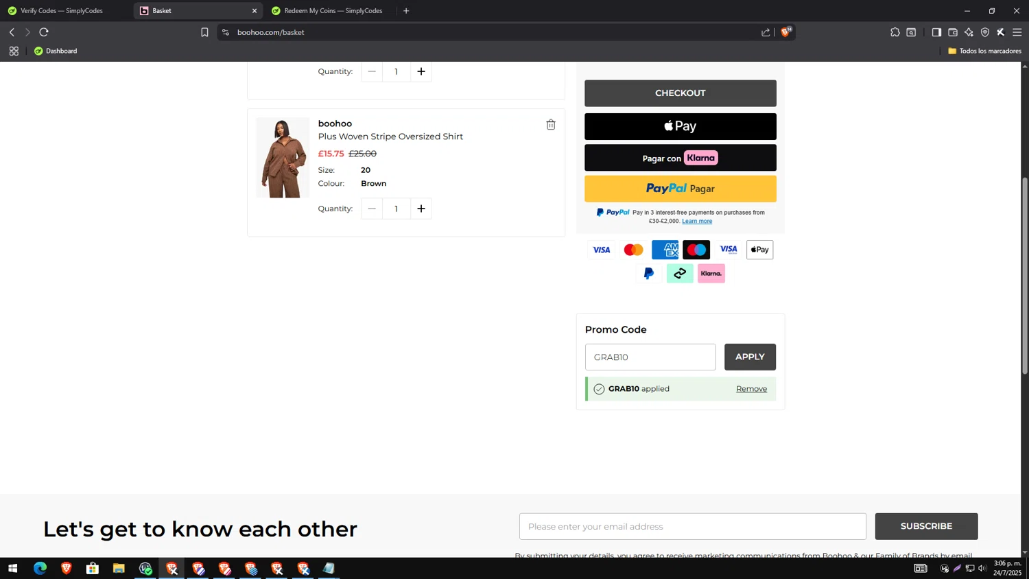 Boohoo promo code screenshot showing code GRAB10 applied at Boohoo checkout page. Uploaded by SimplyCodes community member genesisgafaro on Jul 24, 2025