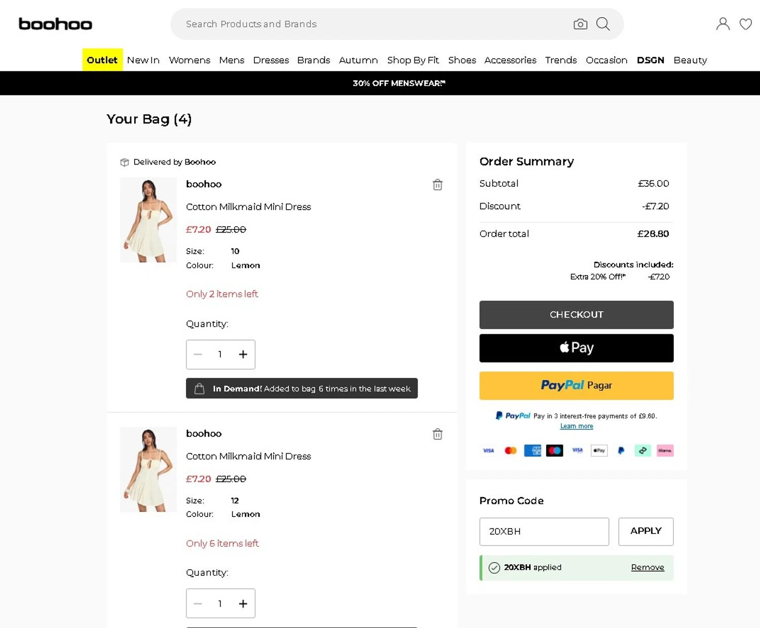 Boohoo promo code screenshot showing code 20XBH applied at Boohoo checkout page. Uploaded by SimplyCodes community member LAMINEJAMAL on Aug 21, 2025