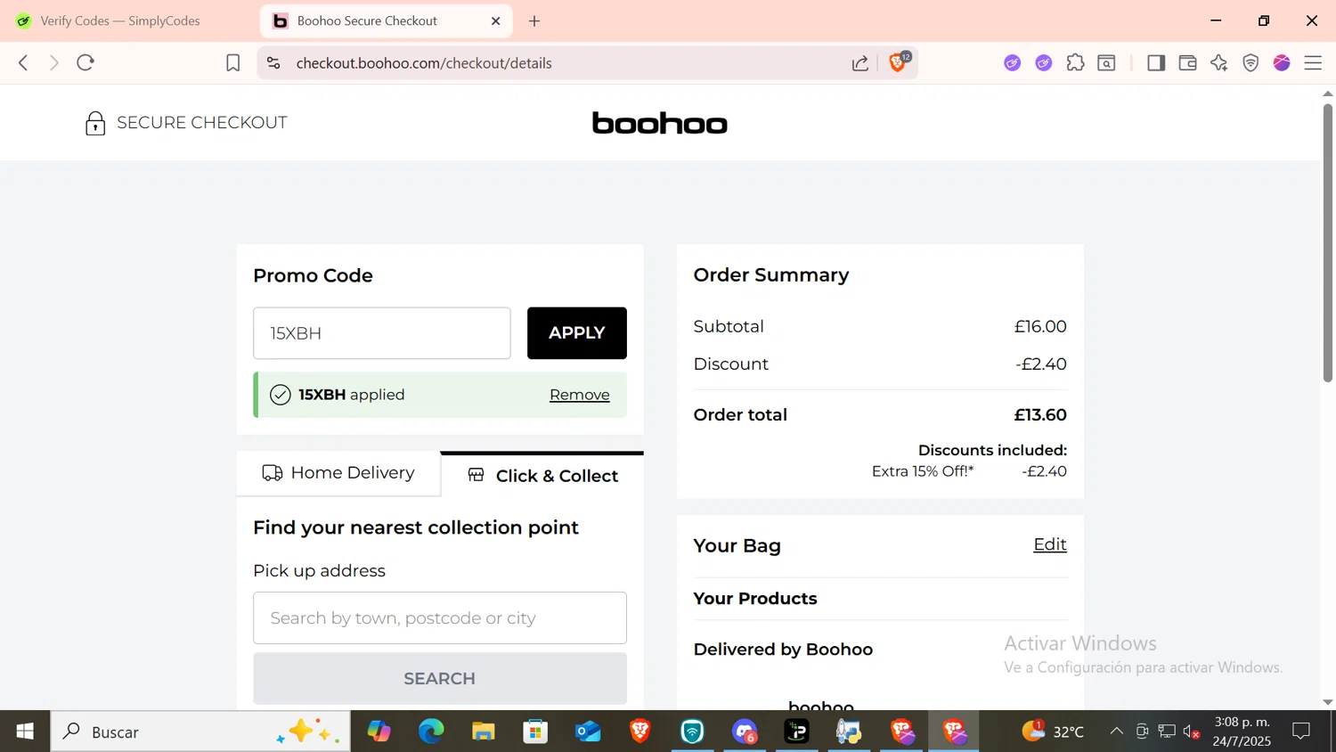 Boohoo promo code screenshot showing code 15XBH applied at Boohoo checkout page. Uploaded by SimplyCodes community member SKAYNE1 on Jul 24, 2025