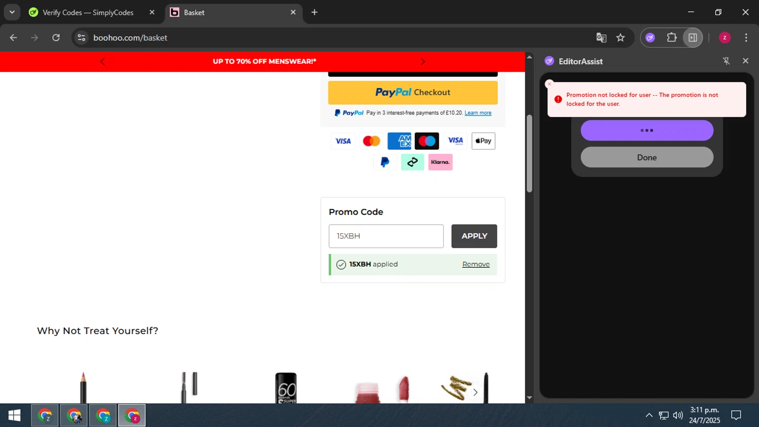 Boohoo promo code screenshot showing code 15XBH applied at Boohoo checkout page. Uploaded by SimplyCodes community member TreasureTitan9744 on Jul 24, 2025