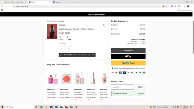 Boohoo checkout page showing Boohoo promo code box | Screenshot taken by SimplyCodes community member on Aug 25, 2025