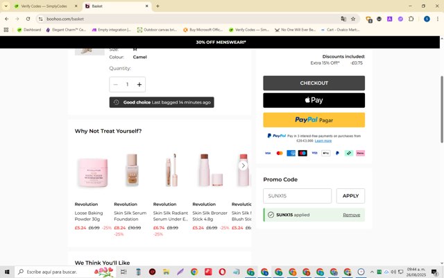 Boohoo checkout page showing Boohoo promo code box | Screenshot taken by SimplyCodes community member on Aug 26, 2025