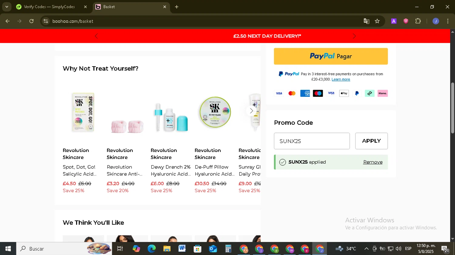 Boohoo promo code screenshot showing code SUNX25 applied at Boohoo checkout page. Uploaded by SimplyCodes community member EpicSage3474 on Aug 5, 2025