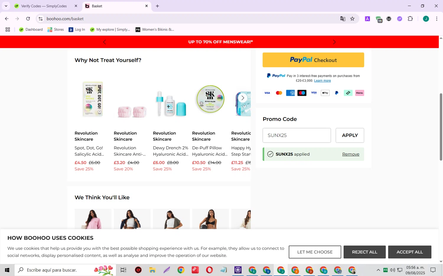 Boohoo promo code screenshot showing code SUNX25 applied at Boohoo checkout page. Uploaded by SimplyCodes community member SarayH on Aug 9, 2025