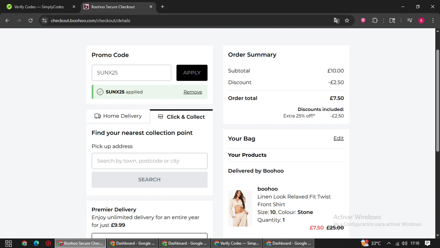 Boohoo promo code screenshot showing code SUNX25 applied at Boohoo checkout page. Uploaded by SimplyCodes community member SwiftSage1747 on Aug 19, 2025