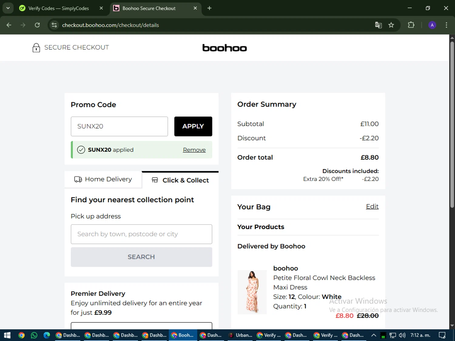 Boohoo promo code screenshot showing code SUNX20 applied at Boohoo checkout page. Uploaded by SimplyCodes community member MagnificentWarden4603 on Jul 19, 2025