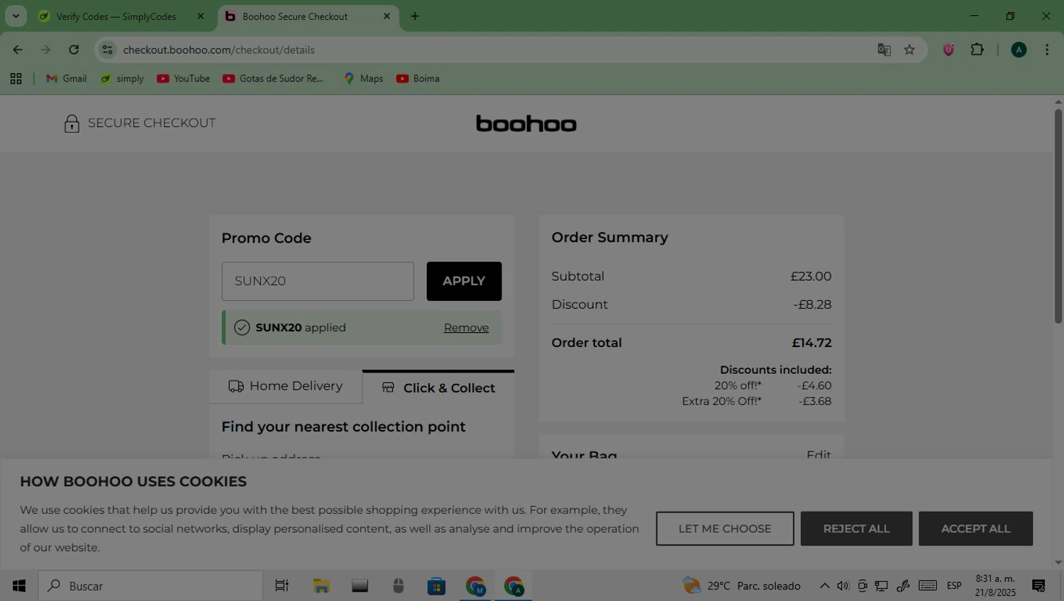 Boohoo promo code screenshot showing code SUNX20 applied at Boohoo checkout page. Uploaded by SimplyCodes community member Saturno on Aug 21, 2025