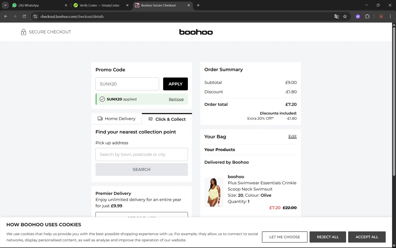 Boohoo promo code screenshot showing code SUNX20 applied at Boohoo checkout page. Uploaded by SimplyCodes community member juanx1702 on Jul 30, 2025