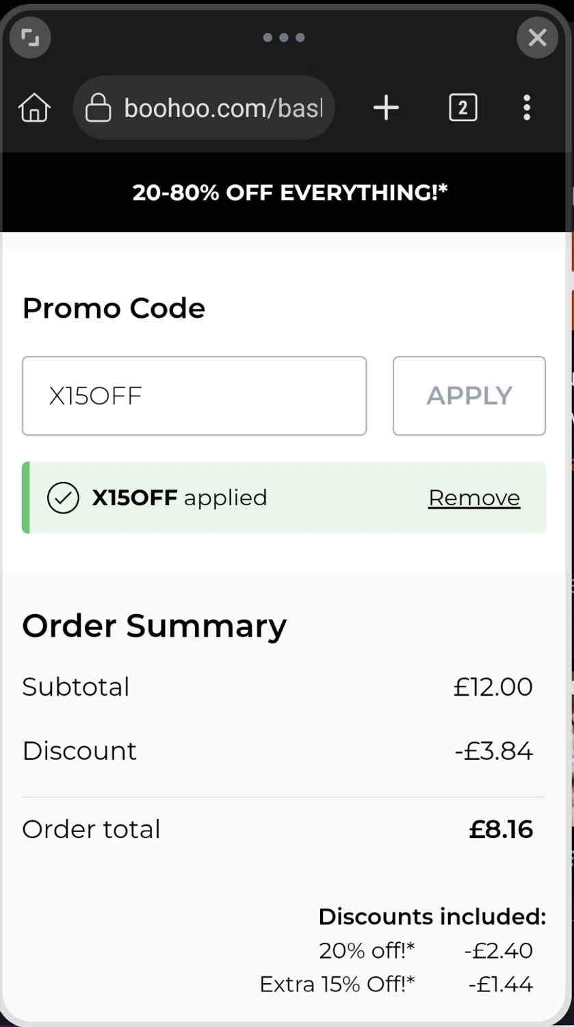 Boohoo promo code screenshot showing code X15OFF applied at Boohoo checkout page. Uploaded by SimplyCodes community member GumballWatterson on Aug 26, 2025