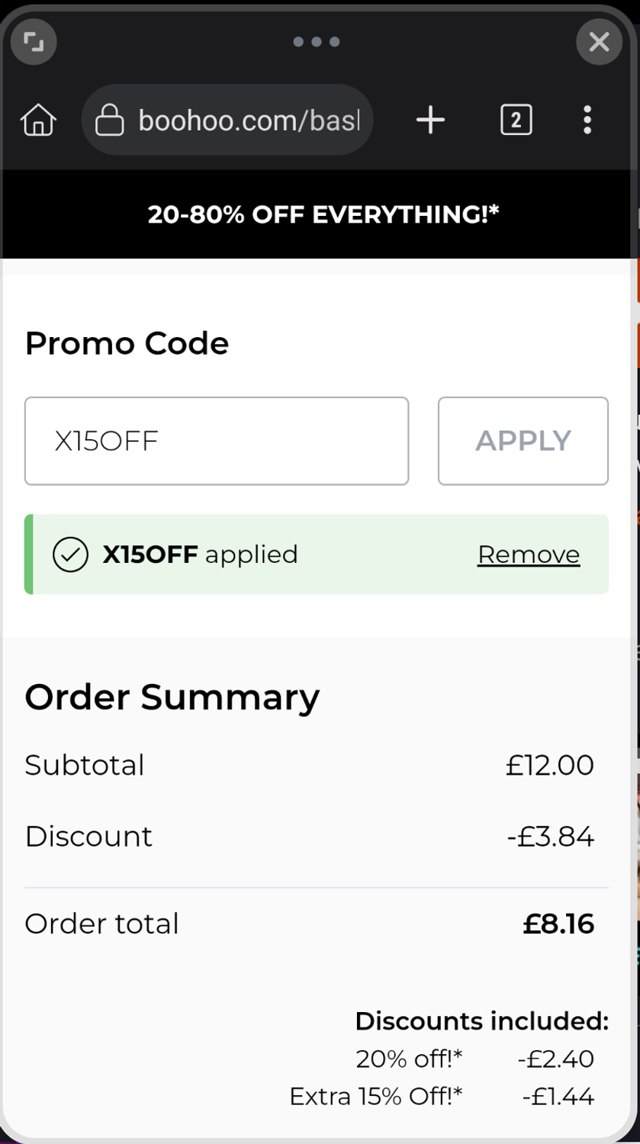 Boohoo checkout page showing Boohoo promo code box | Screenshot taken by SimplyCodes community member on Aug 26, 2025