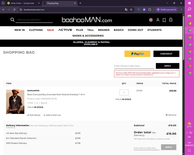 boohooMAN checkout page showing boohooMAN promo code box | Screenshot taken by SimplyCodes community member on Aug 22, 2025