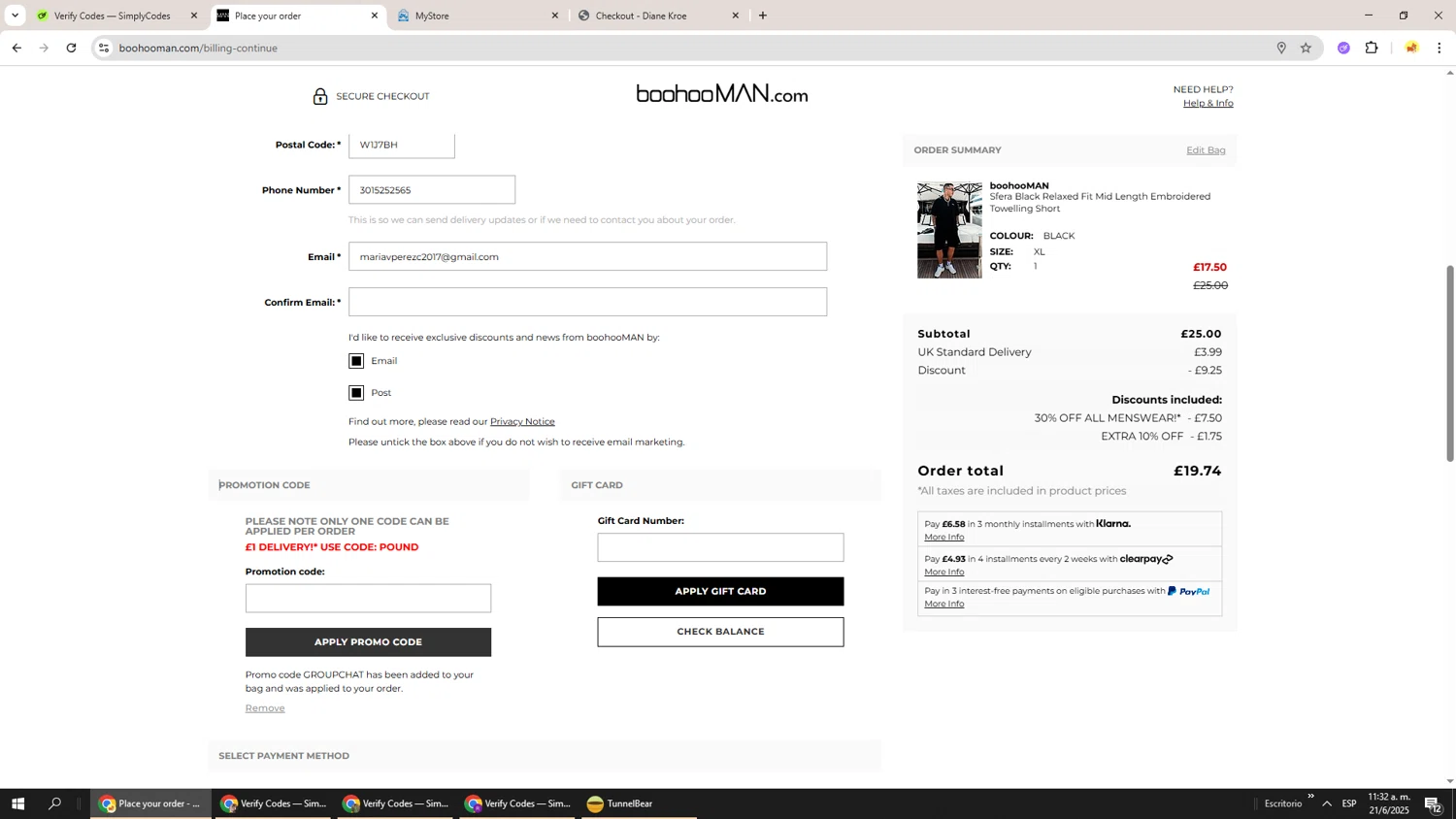 boohooMAN promo code screenshot showing code groupchat applied at boohooMAN checkout page. Uploaded by SimplyCodes community member Richard251 on Jun 21, 2025