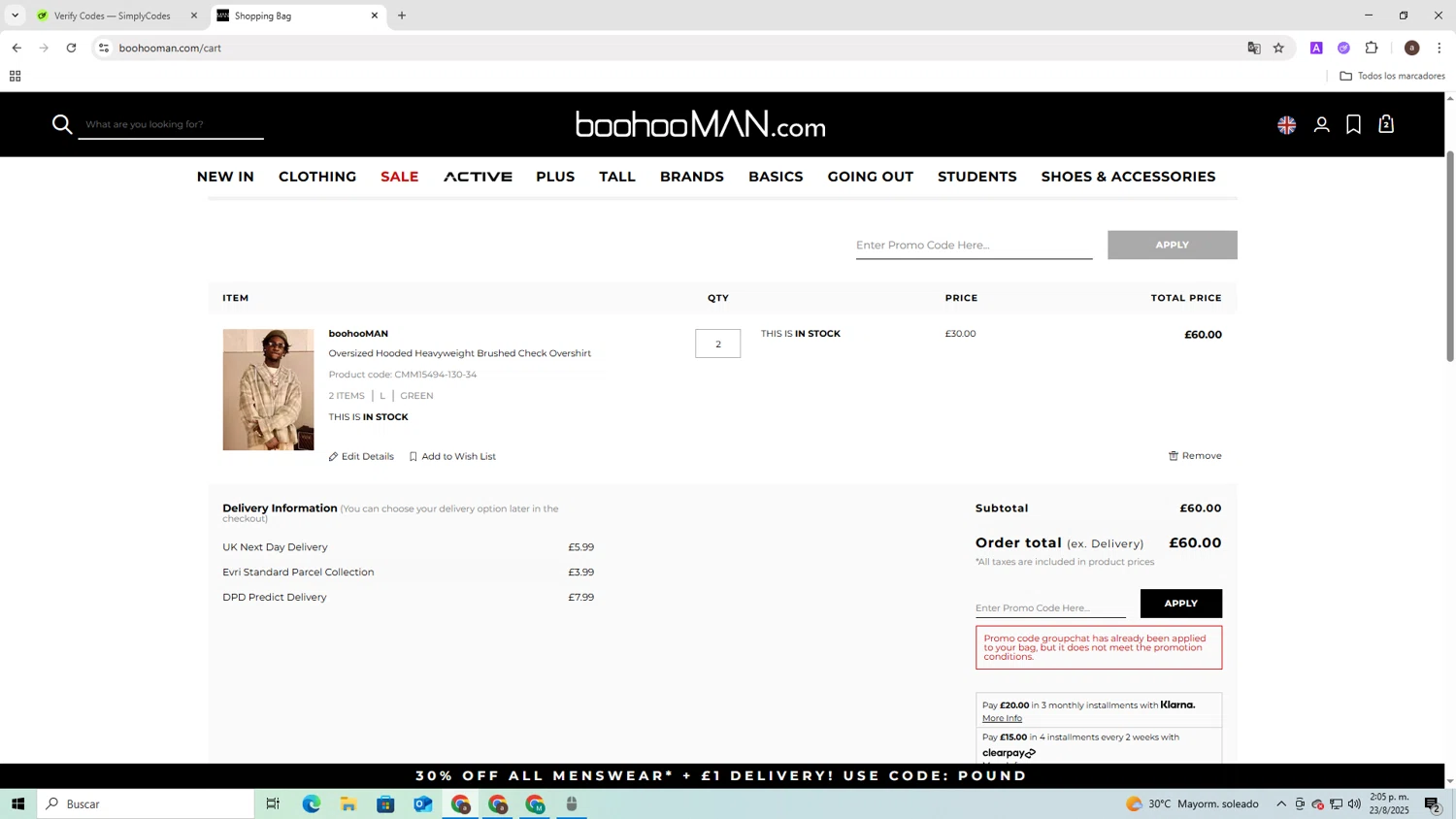 boohooMAN promo code screenshot showing code groupchat applied at boohooMAN checkout page. Uploaded by SimplyCodes community member RoyalLegend4835 on Aug 23, 2025