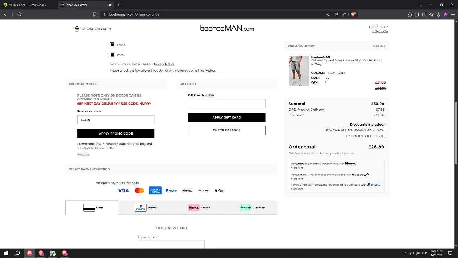 boohooMAN promo code screenshot showing code COLIN applied at boohooMAN checkout page. Uploaded by SimplyCodes community member SpeeDFast on May 14, 2025