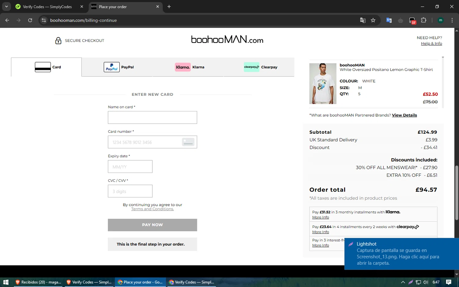 boohooMAN promo code screenshot showing code COLIN applied at boohooMAN checkout page. Uploaded by SimplyCodes community member Voucher200 on May 14, 2025