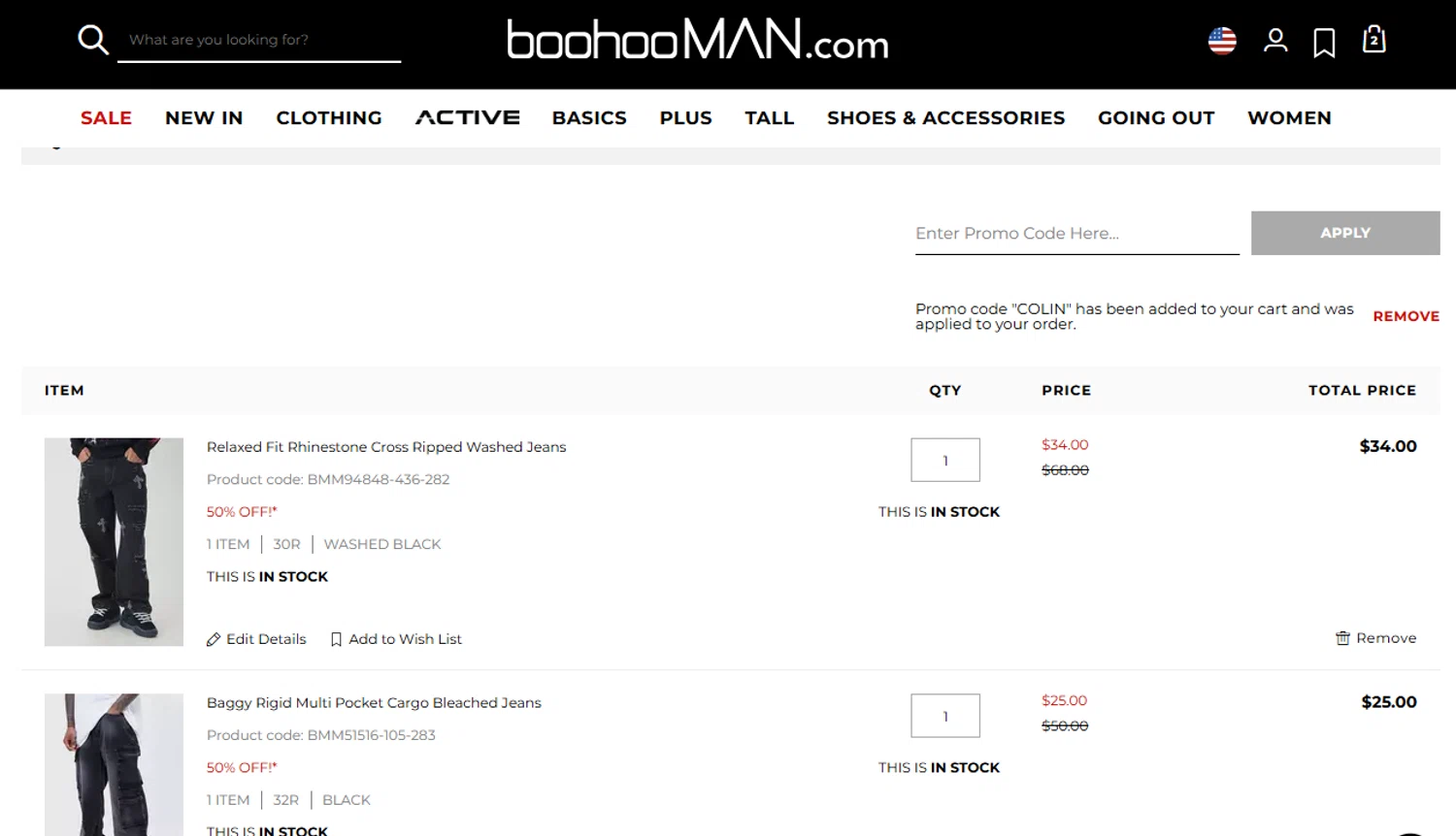 boohooMAN promo code screenshot showing code COLIN applied at boohooMAN checkout page. Uploaded by SimplyCodes community member joandgray9 on Aug 11, 2025