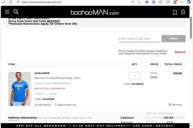 boohooMAN checkout page showing boohooMAN promo code box | Screenshot taken by SimplyCodes community member on Aug 21, 2025