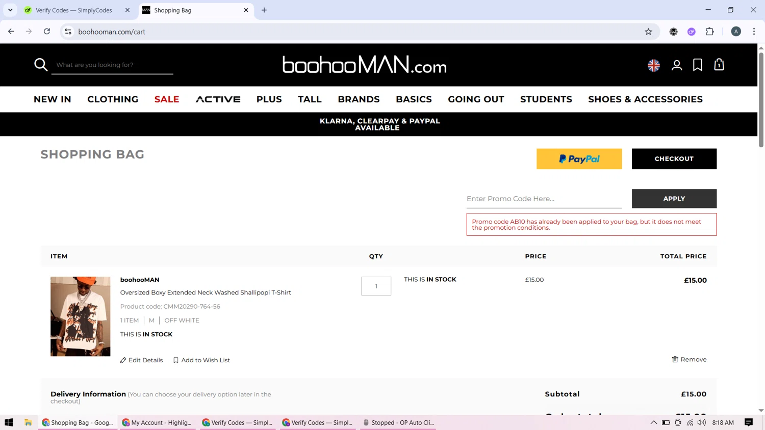 boohooMAN promo code screenshot showing code AB10 applied at boohooMAN checkout page. Uploaded by SimplyCodes community member BonusMonarch7015 on Aug 22, 2025