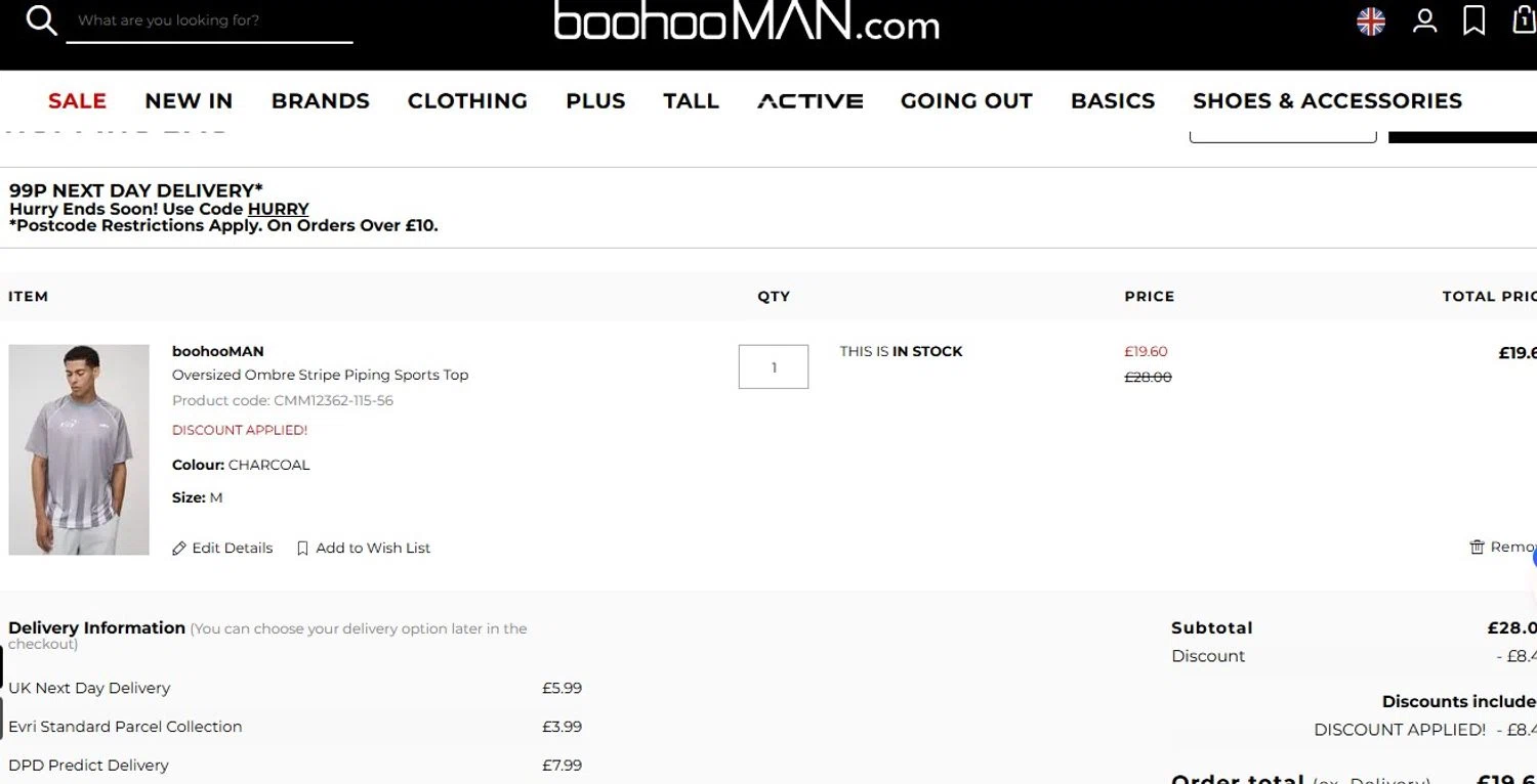 boohooMAN promo code screenshot showing code AB10 applied at boohooMAN checkout page. Uploaded by SimplyCodes community member ThornPrincess on Jul 23, 2025