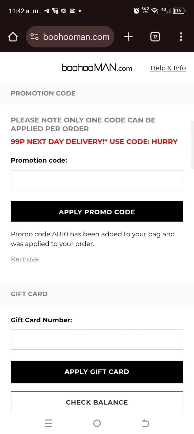 boohooMAN promo code screenshot showing code AB10 applied at boohooMAN checkout page. Uploaded by SimplyCodes community member kellymoreno on Jul 23, 2025
