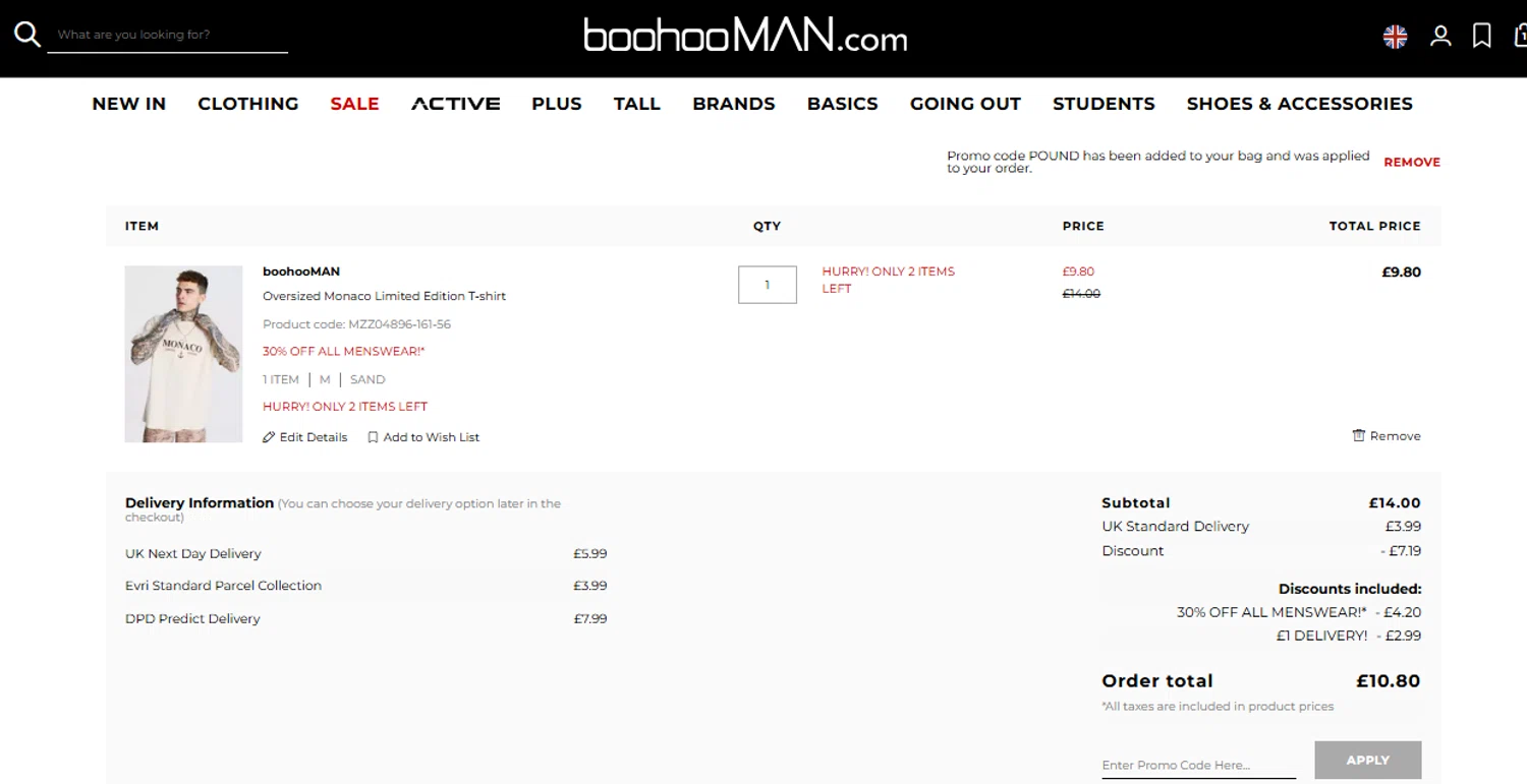 boohooMAN promo code screenshot showing code POUND applied at boohooMAN checkout page. Uploaded by SimplyCodes community member THEPOWER on Aug 24, 2025