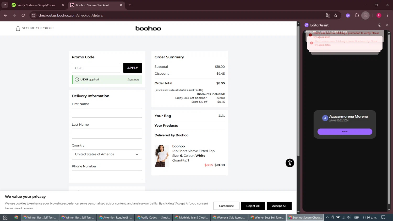 Boohoo US coupon code screenshot showing code USX5 applied at Boohoo US checkout page. Uploaded by SimplyCodes community member GoldScout8925 on Aug 8, 2025