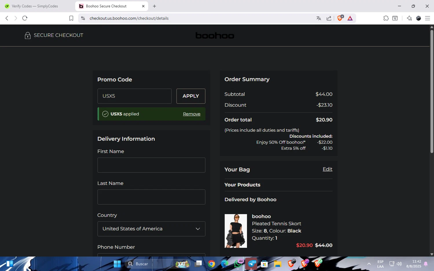Boohoo US coupon code screenshot showing code USX5 applied at Boohoo US checkout page. Uploaded by SimplyCodes community member JavierCastillo1301 on Aug 8, 2025