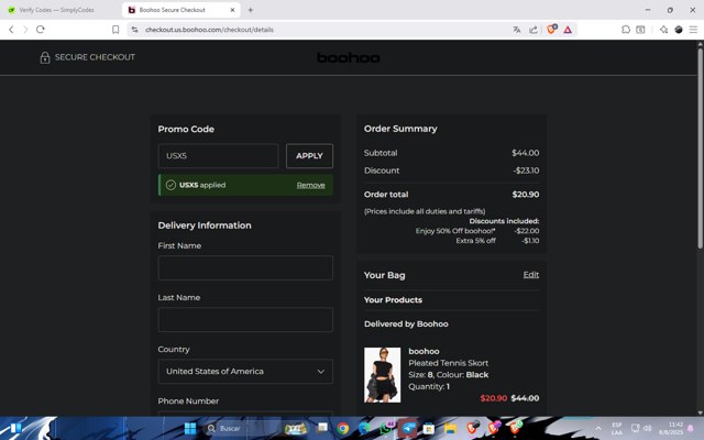 Boohoo US checkout page showing Boohoo US coupon code box | Screenshot taken by SimplyCodes community member on Aug 8, 2025