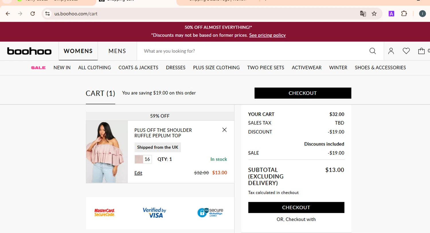 Boohoo US coupon code screenshot showing code USX5 applied at Boohoo US checkout page. Uploaded by SimplyCodes community member ExtraordinaryScout5722 on Jan 20, 2025
