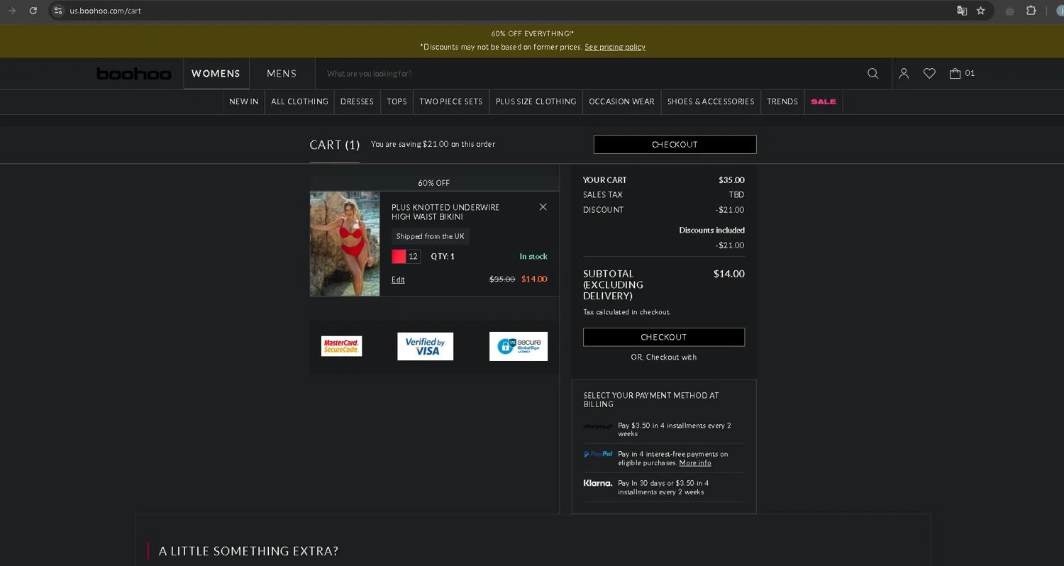 Boohoo US coupon code screenshot showing code kayi applied at Boohoo US checkout page. Uploaded by SimplyCodes community member SavingsCurator5849 on Apr 17, 2025