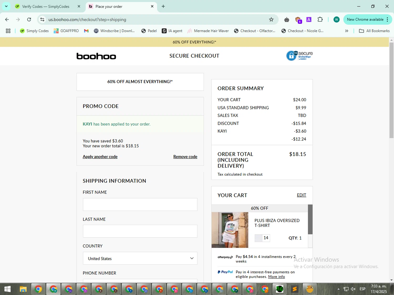 Boohoo US coupon code screenshot showing code kayi applied at Boohoo US checkout page. Uploaded by SimplyCodes community member BudgetWizard5987 on Apr 17, 2025